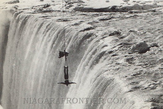 On February 7th 1975, an unidentified man (Mr. X) working for a Toronto film company was dangled over the precipice of the Horseshoe Falls at the Table Rock by a crane for five minutes while strapped into a strait jacket.
